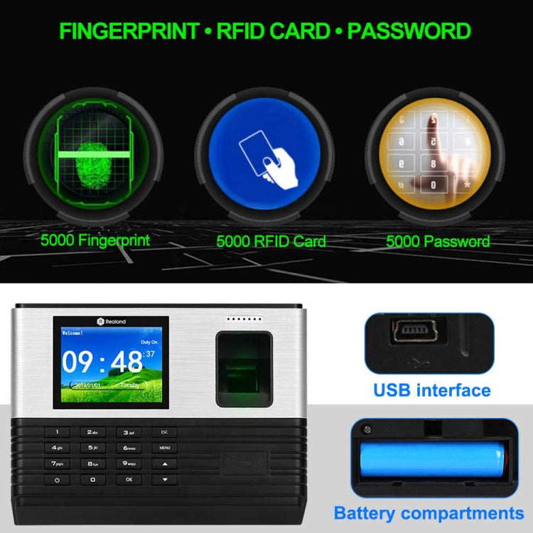 Realand AL355+ Control De Asistencia Huella Digital Pantalla 2,8 Pulgadas WiFi