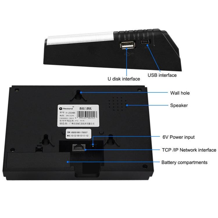 Realand AL355+ Control De Asistencia Huella Digital Pantalla 2,8 Pulgadas WiFi