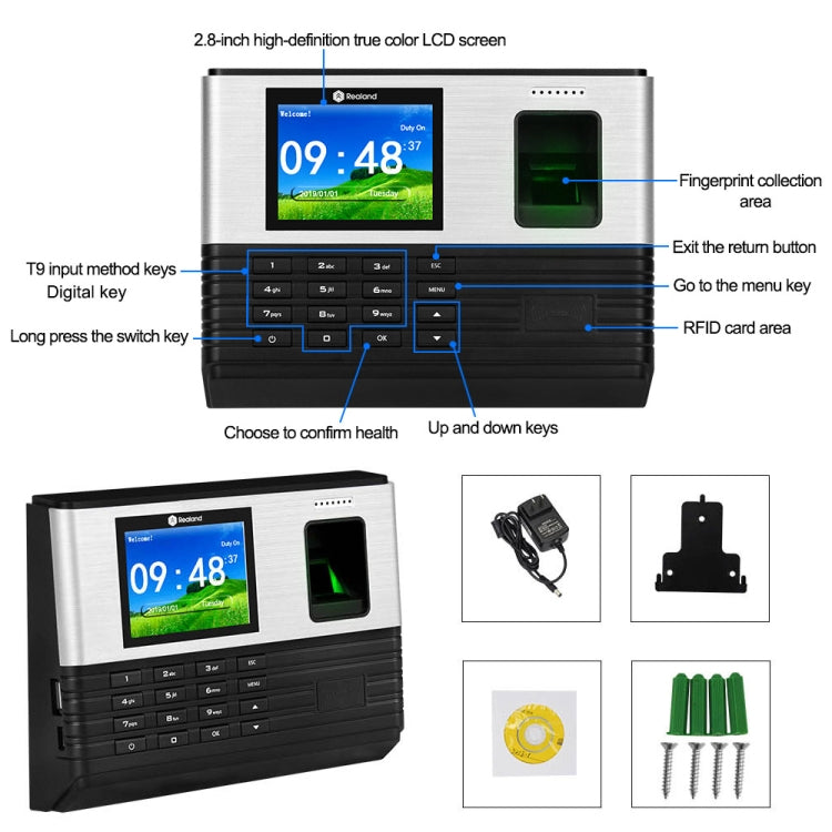 Realand AL355+ Control De Asistencia Huella Digital Pantalla 2,8 Pulgadas WiFi