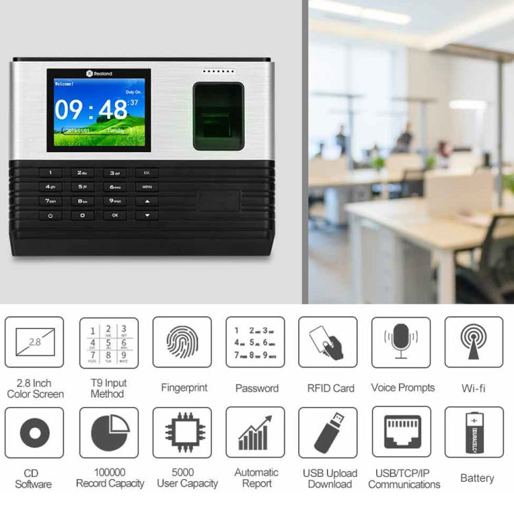 Realand AL355+ Control De Asistencia Huella Digital Pantalla 2,8 Pulgadas WiFi