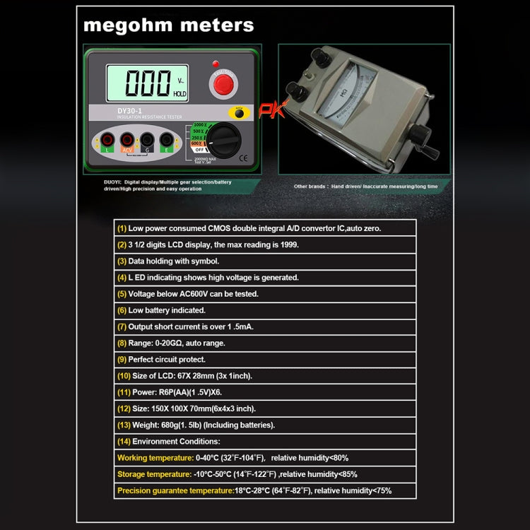 Duoyi DY30-1 Medidor Resistencia Aislamiento Automóvil 250V