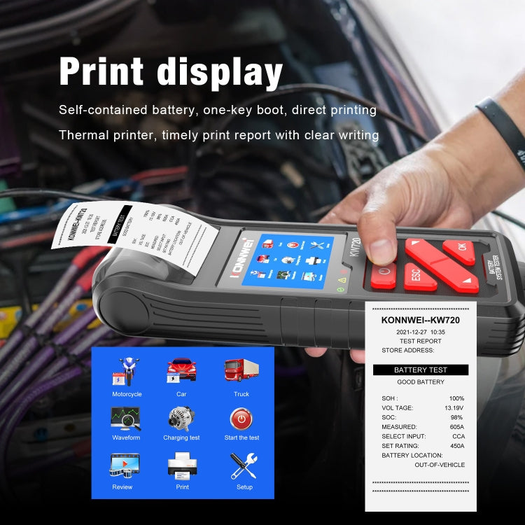 KONNWEI KW720 Probador De Batería Para Coche 6V24V Impresora
