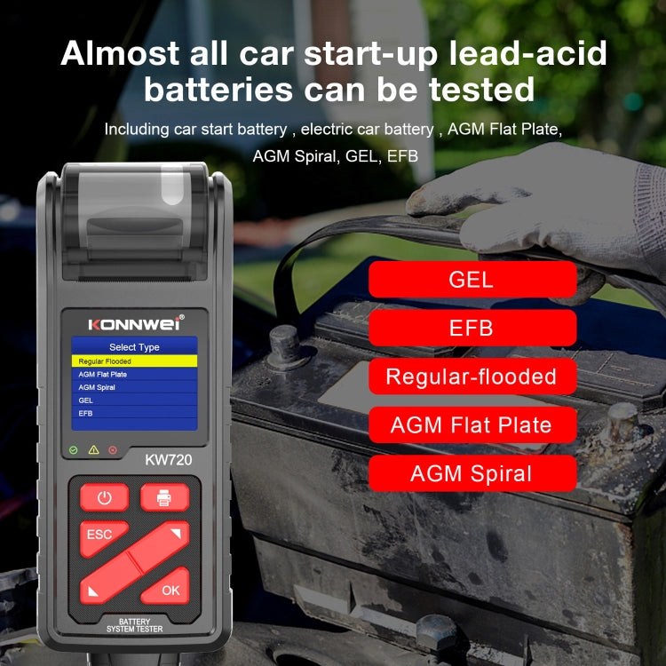 KONNWEI KW720 Probador De Batería Para Coche 6V24V Impresora
