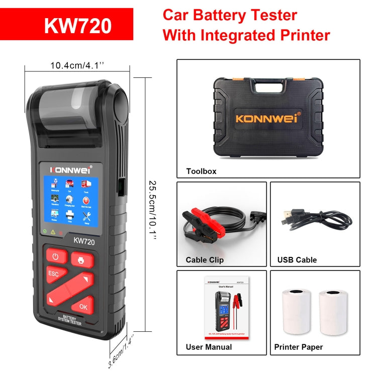 KONNWEI KW720 Probador De Batería Para Coche 6V24V Impresora