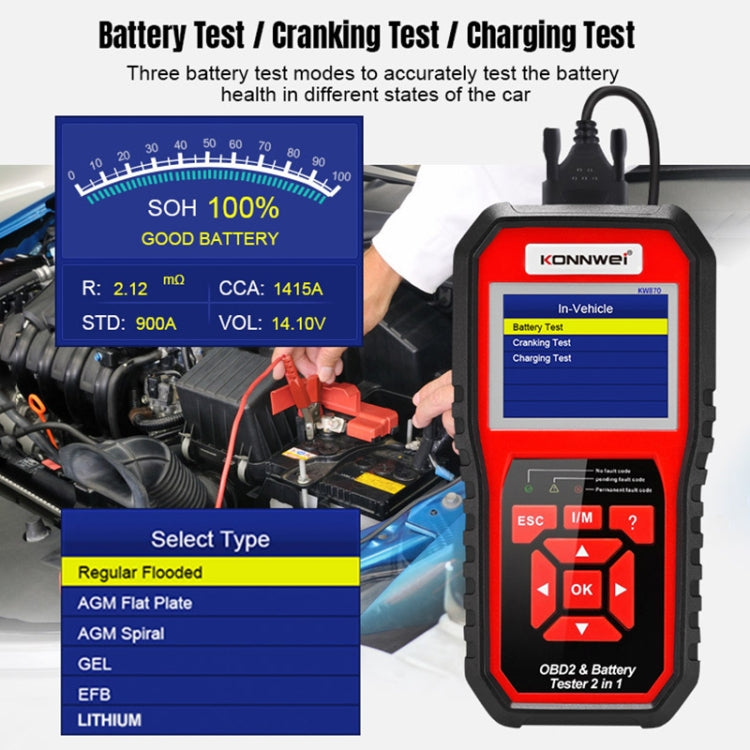 KONNWEI KW870 Diagnóstico OBD2 y Probador de Batería 2 en 1