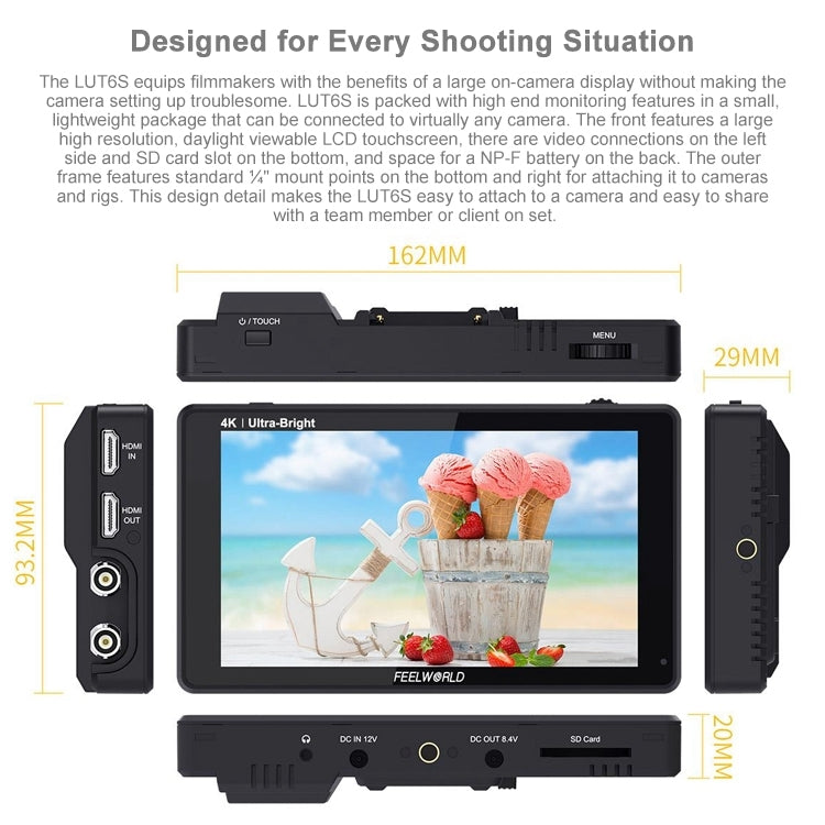 FEELWORLD LUT6S Monitor De Campo 6 Pulgadas IPS 2600 Nits