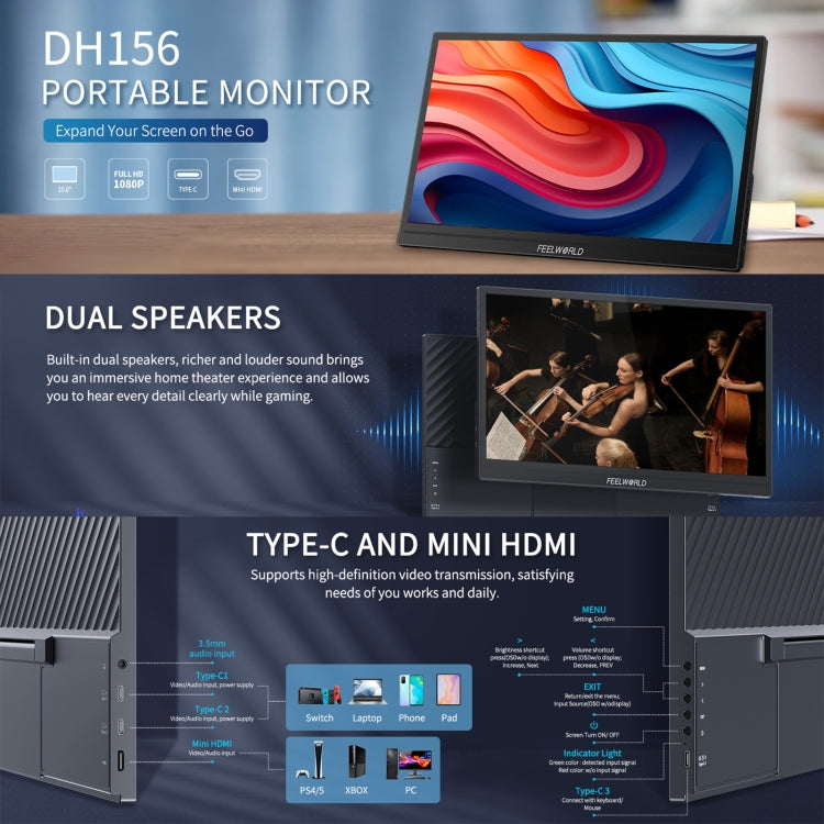 FEELWORLD DH156 Monitor Portátil 15.6 USB C HDMI Compacto