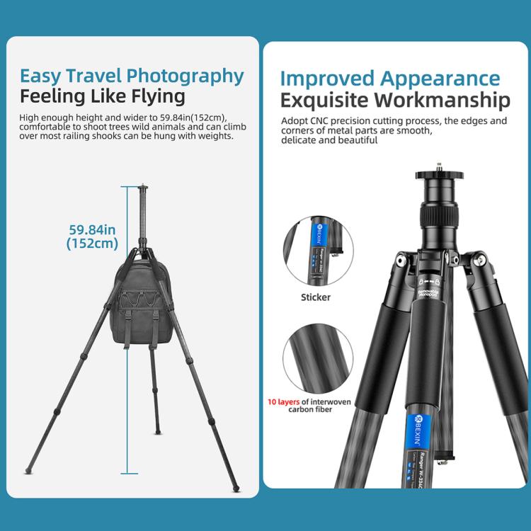 BEXIN W-334C Trípode DSLR Portátil Fibra de Carbono