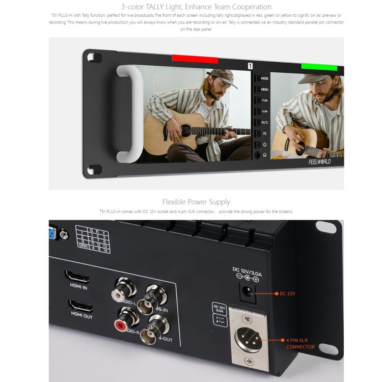 FEELWORLD T51 PLUS-H Monitor 5,5 Pulgadas Rack Triple 2RU HDMI SDI AV
