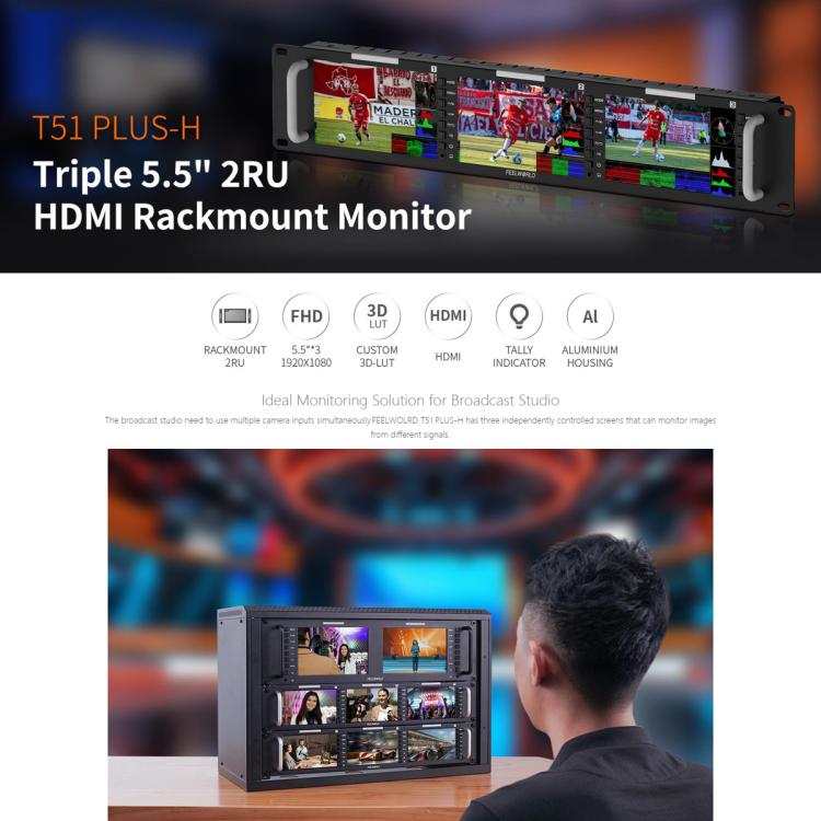 FEELWORLD T51 PLUS-H Monitor 5,5 Pulgadas Rack Triple 2RU HDMI SDI AV