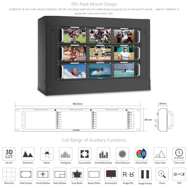 FEELWORLD T51 PLUS-H Monitor 5,5 Pulgadas Rack Triple 2RU HDMI SDI AV