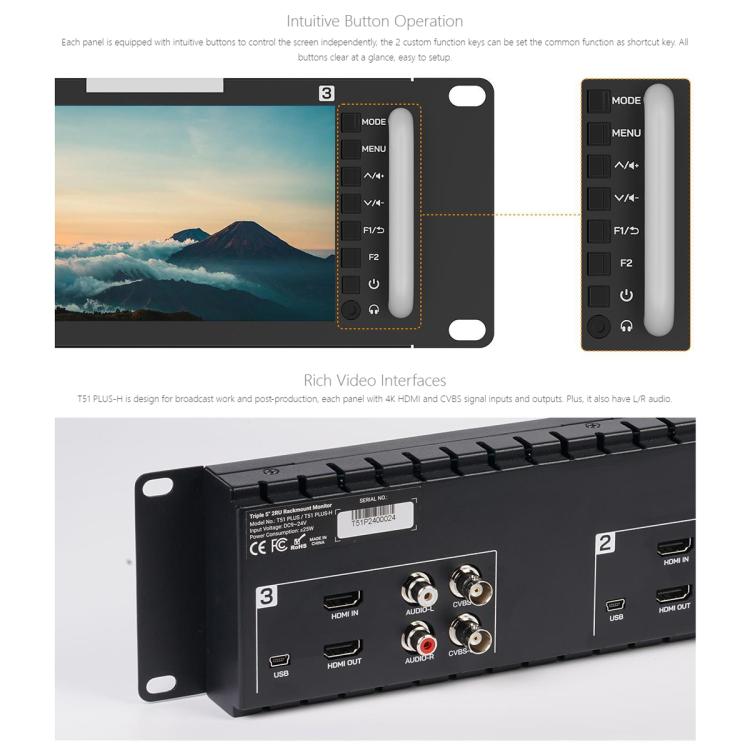 FEELWORLD T51 PLUS-H Monitor 5,5 Pulgadas Rack Triple 2RU HDMI SDI AV