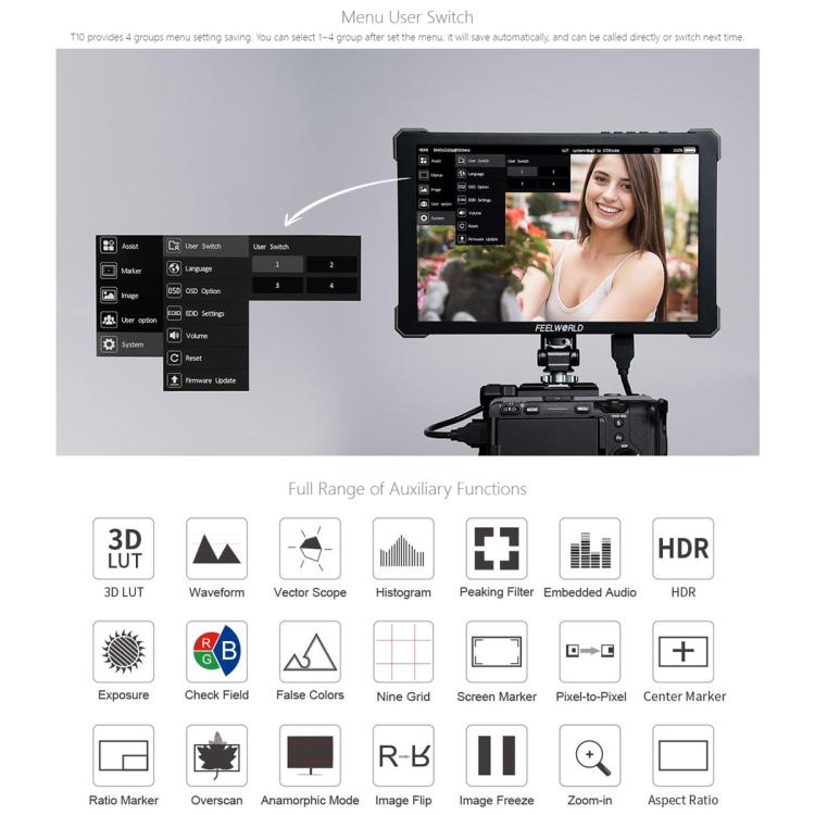 FEELWORLD T10 Monitor de Campo 10.1 Pulgadas Pantalla Tactil HDMI 4K