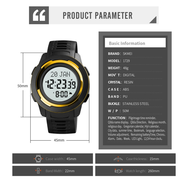 SKMEI 1729 Reloj Digital Led Multifunción Calendario Qibla Compacto