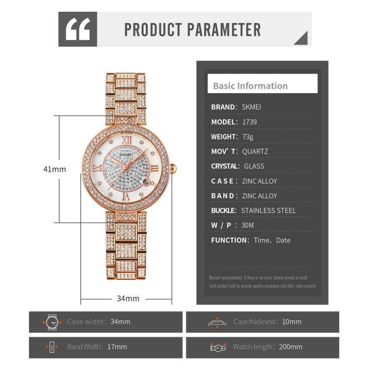 SKMEI 1739 Reloj Diamante Numeros Romanos Cuarzo Resistencia 30m
