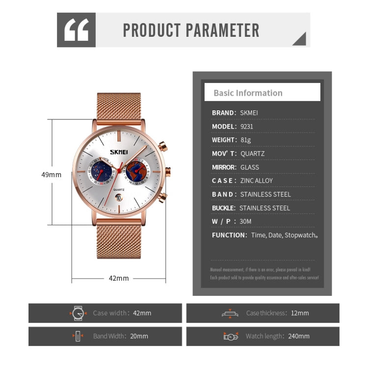 SKMEI 9231 Reloj Cuarzo Cronómetro Acero Inoxidable