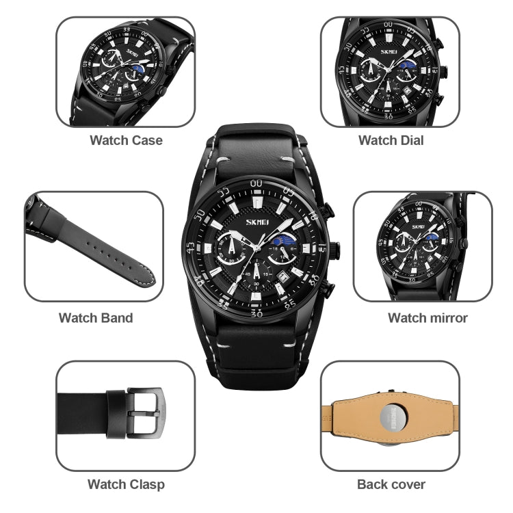 SKMEI 9249 Reloj Fase Lunar Correa Cuero Cuarzo Hombre