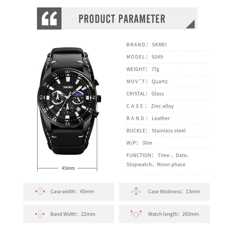 SKMEI 9249 Reloj Fase Lunar Correa Cuero Cuarzo Hombre