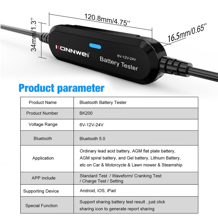 KONNWEI BK200 Probador de Batería Bluetooth para Coche