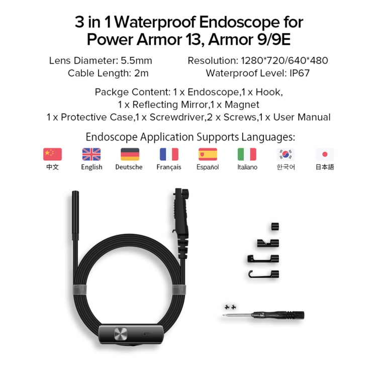 Ulefone Endoscopio E1 2m IP67 con Cámara 720p 3 en 1