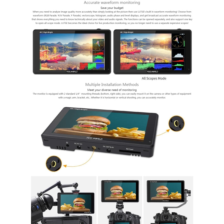 FEELWORLD LUT6E Monitor de campo 6 pulgadas Pantalla táctil