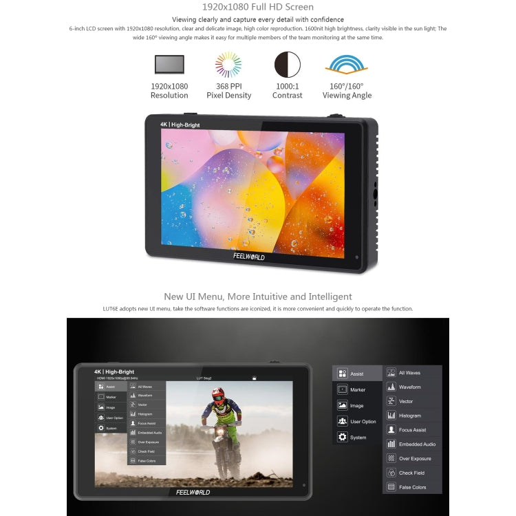 FEELWORLD LUT6E Monitor de campo 6 pulgadas Pantalla táctil
