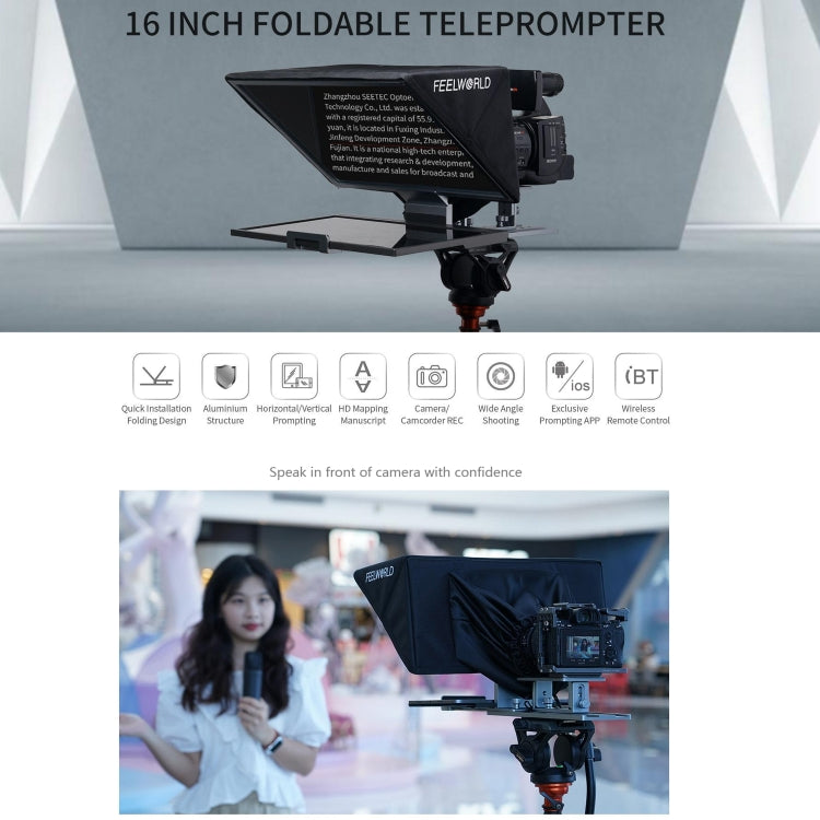 FEELWORLD TP16 Teleprompter Folding Con Bluetooth Remoto Para Tableta 16Pulgadas