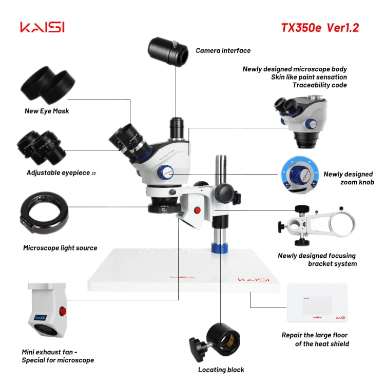 Kaisi TX-350E Ver1.2 Microscopio Estereoscópico 7X-50X Zoom Base Grande