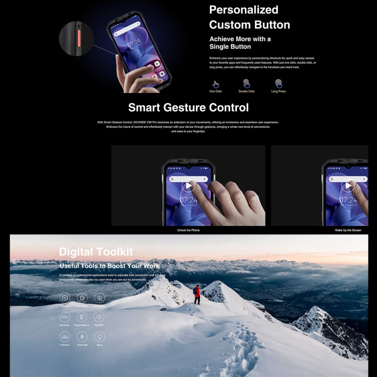 DOOGEE V30 Pro, Cámara de 200MP, Huella Digital Lateral, Batería de 10800mAh, 6.58 pulgadas Android 13 Dimensity 7050 Octa Core, Red: 5G, OTG, NFC, Soporte Google Pay, 12GB+512GB