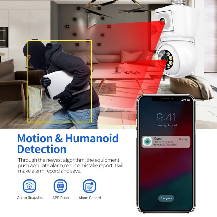 ESCAM QF202 E27 Cámara IP 2x2MP WiFi Detección de Movimiento
