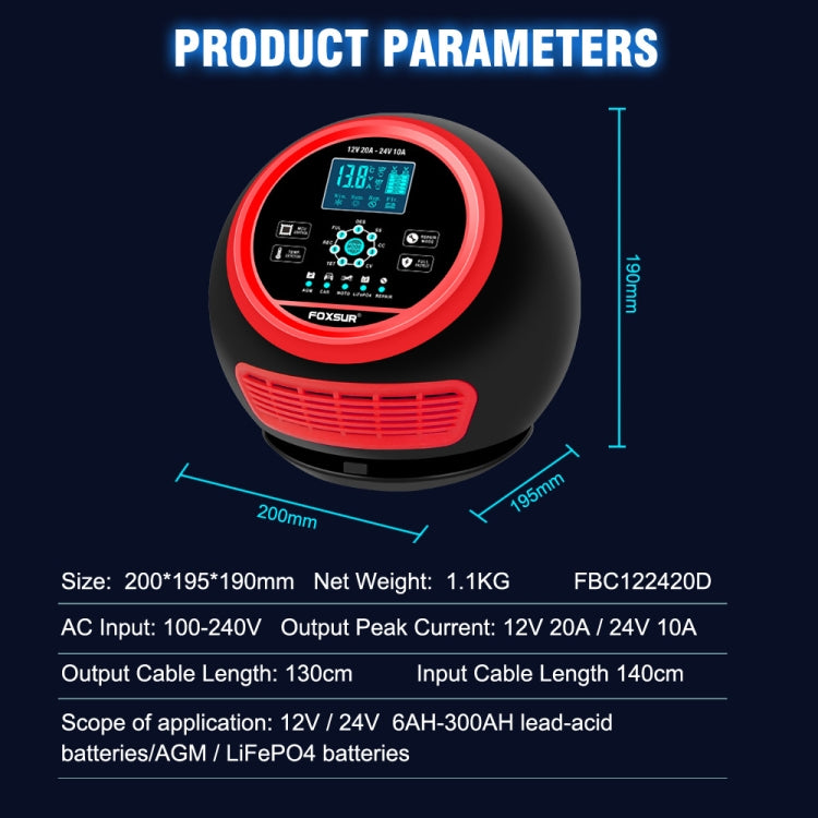 FOXSUR 20A 12V 24V Cargador De Batería Inteligente 7 Etapas