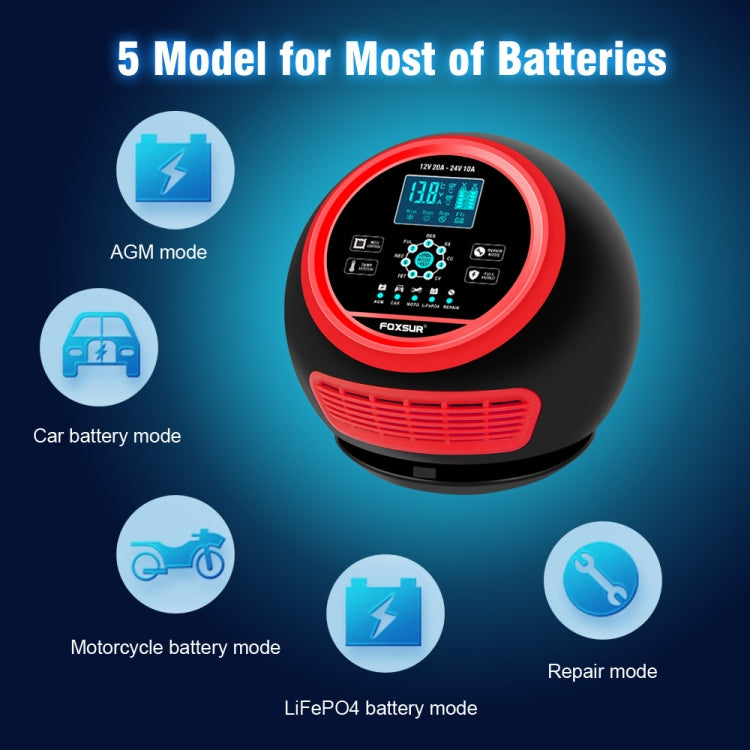 FOXSUR 20A 12V 24V Cargador De Batería Inteligente 7 Etapas