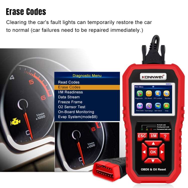 KONNWEI KW851 Escáner OBDII 2 En 1 Reinicio Luz Servicio Aceite Automotriz
