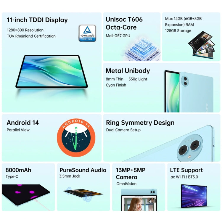 Tablet PC Teclast P50 de 11 pulgadas, Android 14 Unisoc T606 Octa Core, 4G LTE Dual SIM, P50