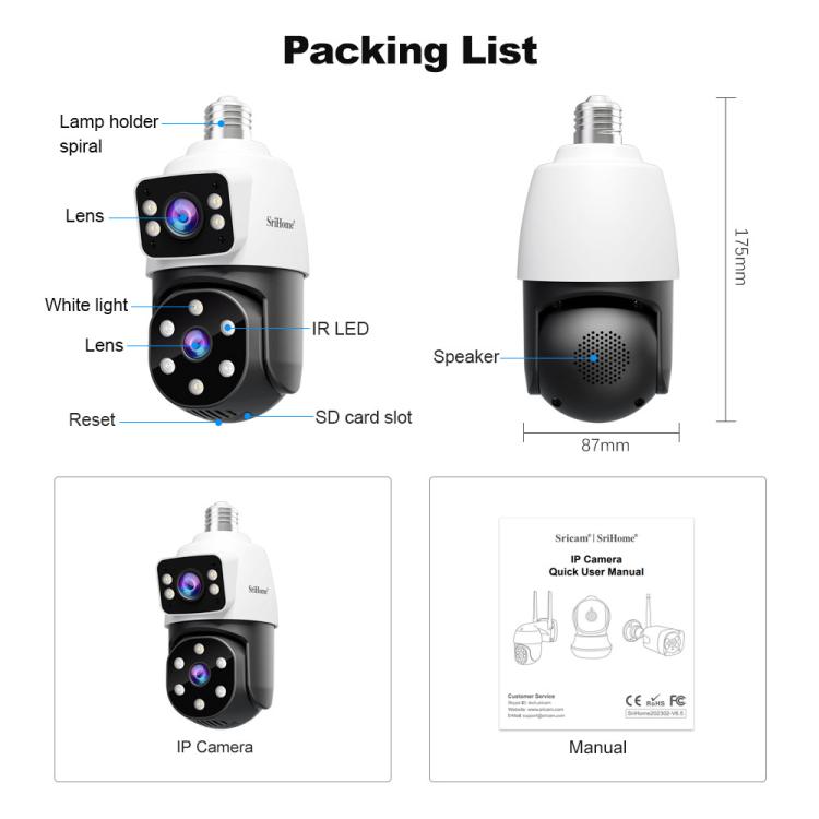 SriHome SH068 E27 4MP Light Bulb Camera IP66 Waterproof