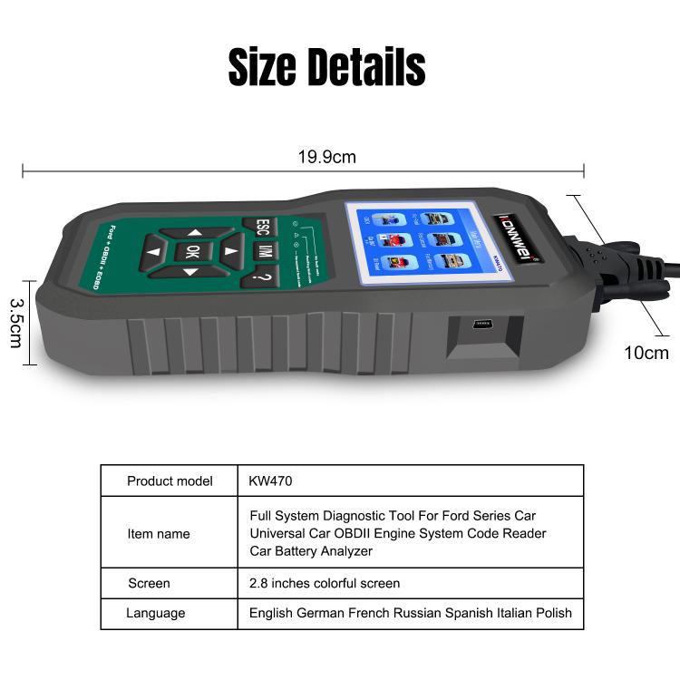 KONNWEI KW470 Escáner OBD2 Ford Pantalla Color 2.8 Pulgadas Moderno