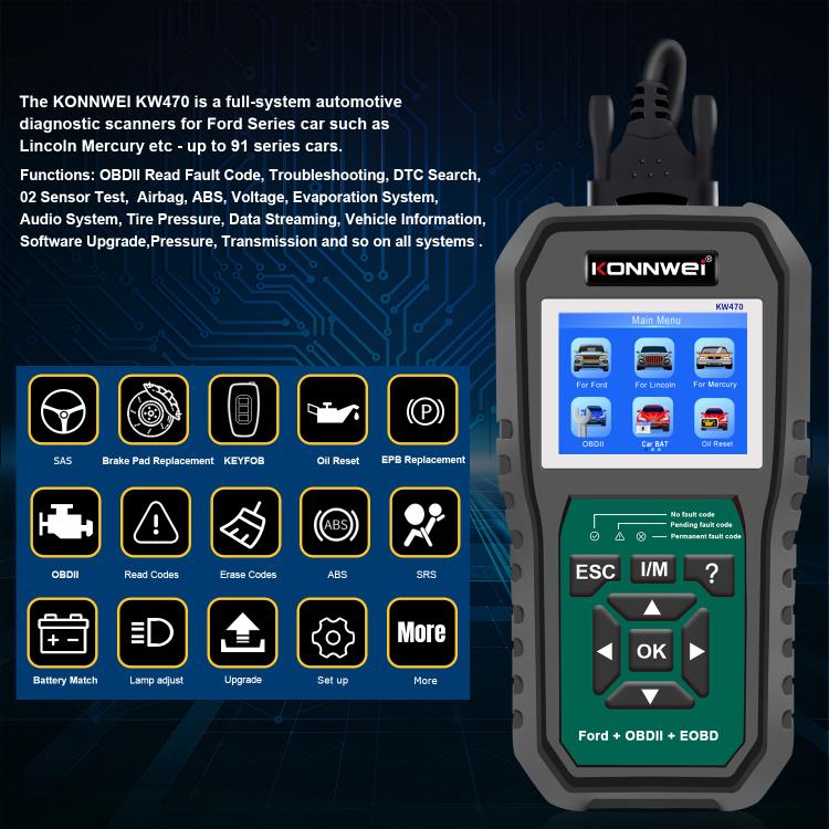 KONNWEI KW470 Escáner OBD2 Ford Pantalla Color 2.8 Pulgadas Moderno