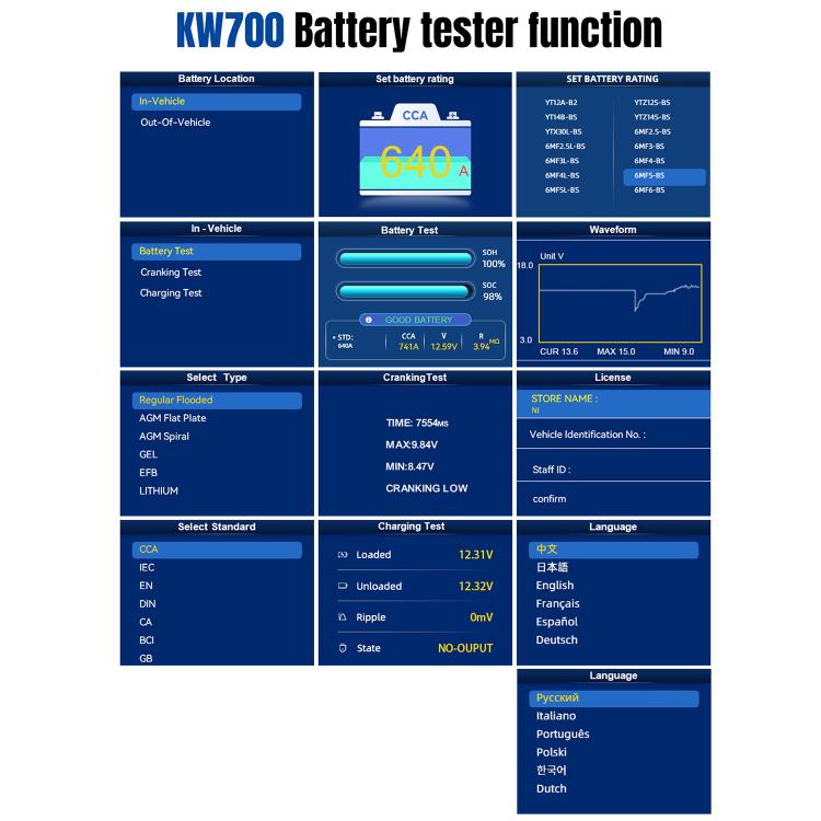 KONNWEI KW700 Probador de Batería para Automóvil Impresora