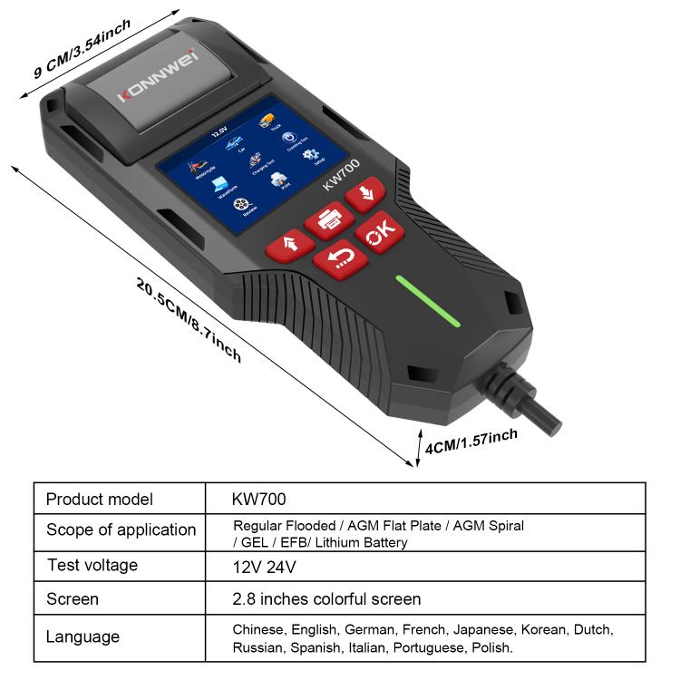 KONNWEI KW700 Probador de Batería para Automóvil Impresora