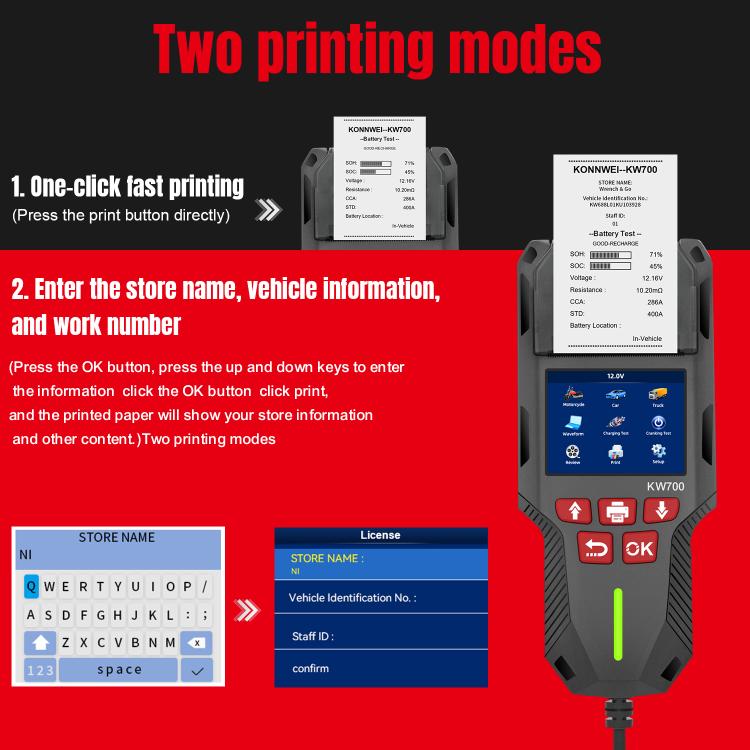 KONNWEI KW700 Probador de Batería para Automóvil Impresora