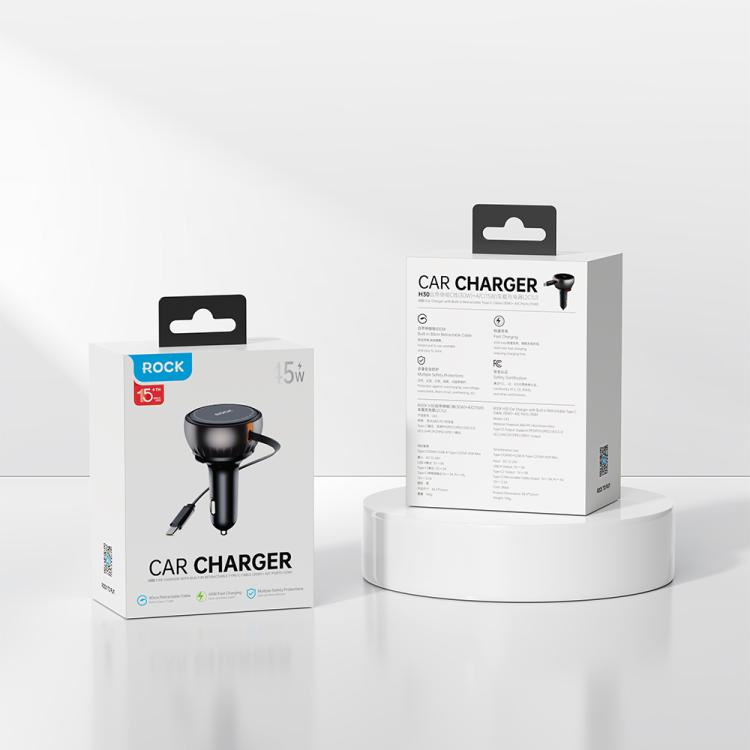 Rock H30 Retractable Type C Cable Car Charger USB A 45W