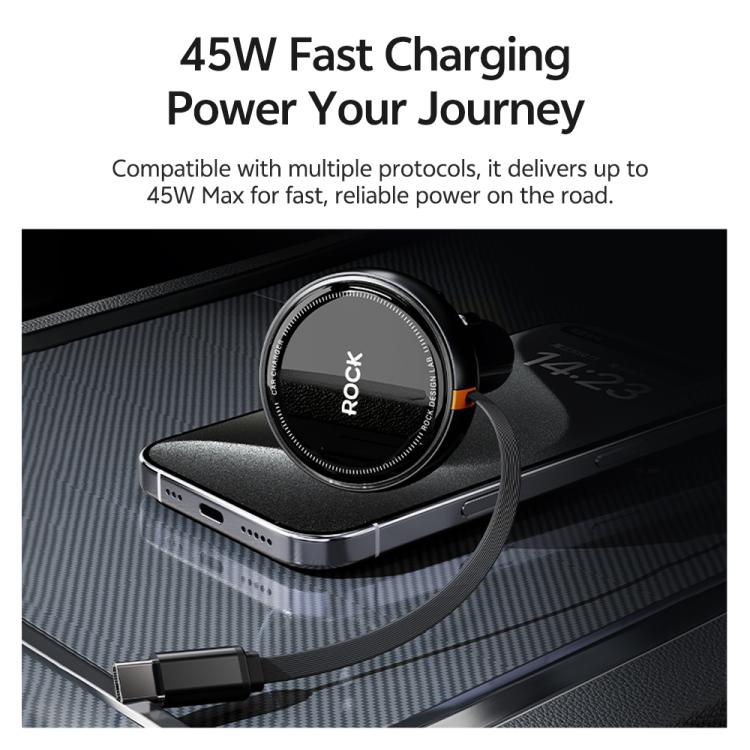 Rock H30 Retractable Type C Cable Car Charger USB A 45W