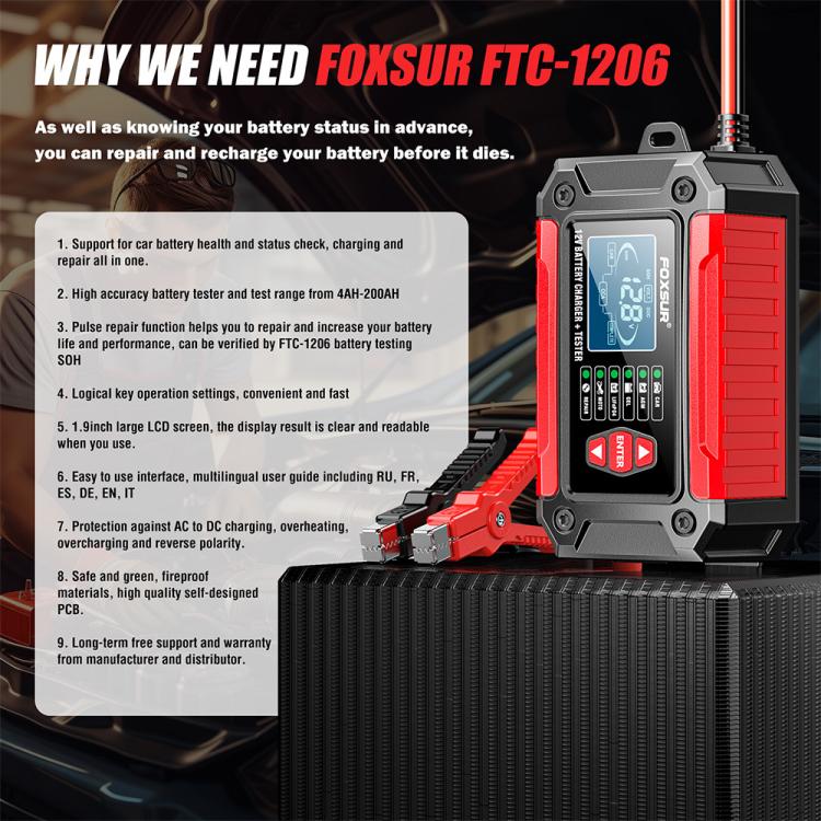 FOXSUR FTC-1206 Cargador Probador De Batería 12V 2 En 1