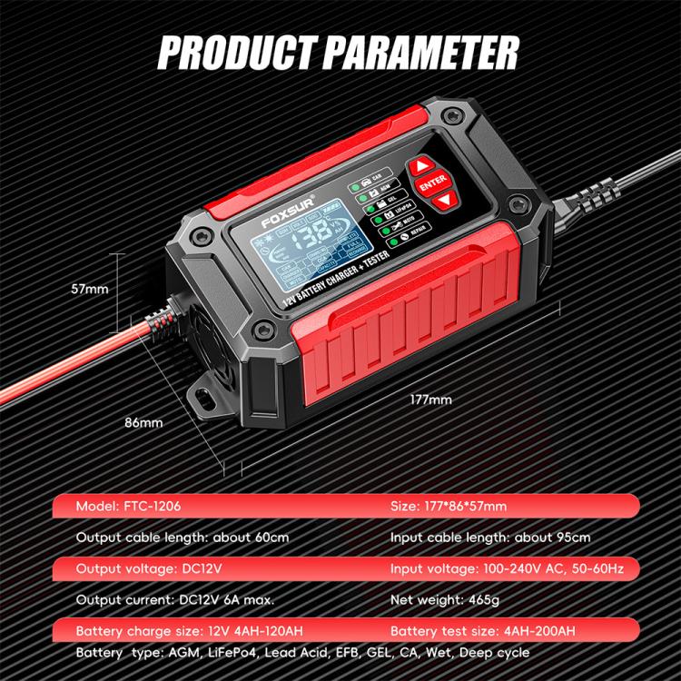 FOXSUR FTC-1206 Cargador Probador De Batería 12V 2 En 1