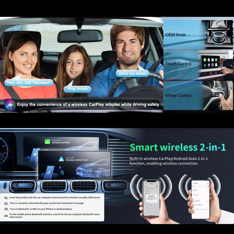 Adaptador Mini USB Smart Box Con Conexión Inalámbrica CarPlay y Android Auto Bluetooth 5.0