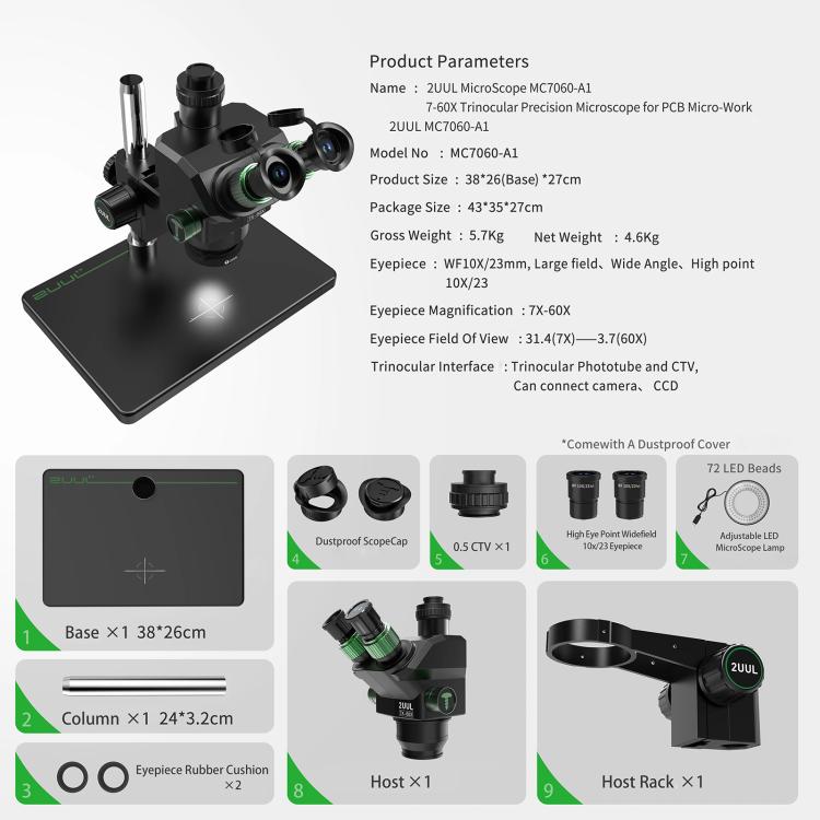 2uul MC7060-A1 Microscopio Trinocular 7-60X Zoom Profesional