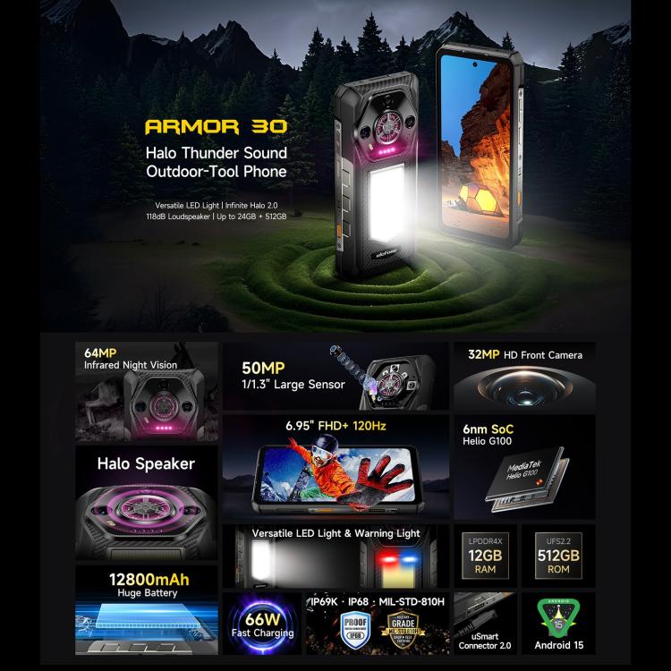 Ulefone Armor 30 12GB+512GB Teléfono Rugerizado Visión Nocturna IP68 6.95 Pulgadas 4G