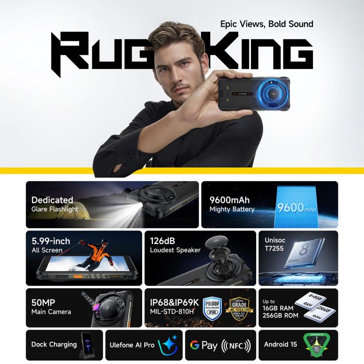 Ulefone RugKing Rugged Phone 8GB+256GB IP68 Android15 4G