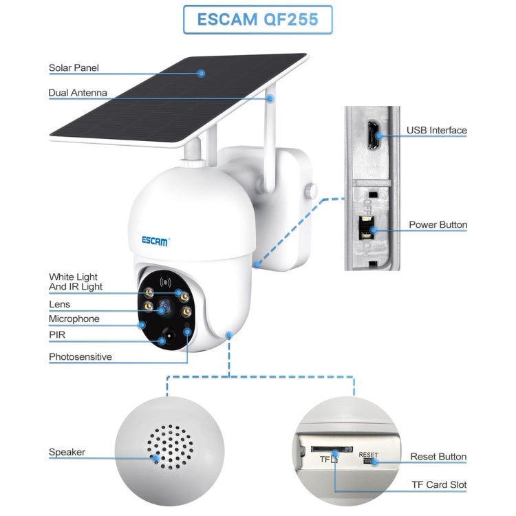 ESCAM QF255 Cámara Solar WiFi 2MP Detección PIR Exterior HD Resistente