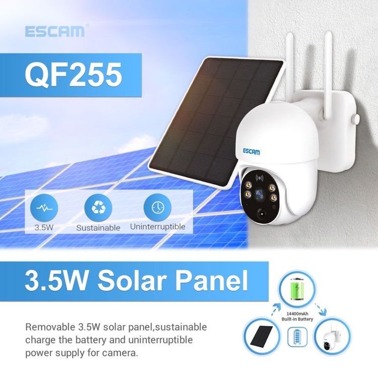 ESCAM QF255 Cámara Solar WiFi 2MP Detección PIR Exterior HD Resistente